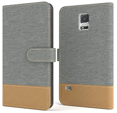 EAZY CASE Tasche kompatibel mit Samsung Galaxy S5/LTE+/Duos/Neo Stoff Schutzhülle mit Standfunktion Klapphülle Bookstyle, Handytasche Handyhülle, Magnetverschluss und Kartenfach, Kunstleder, Hellgrau