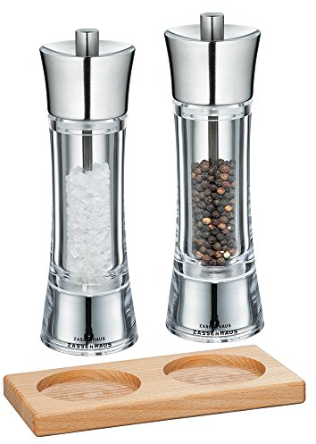 Zassenhaus Set Salzmühle & Pfeffermühle Aachen Acryl/Edelstahl 18 cm & Untersetzer Buche eckig