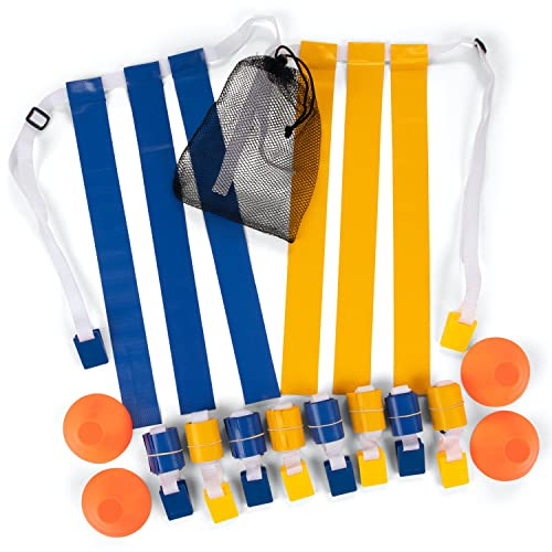 Champion Sports Deluxe Flag Football Game Set Flag Football Equipment - Game Sets with 5 Blue Flag Football Belts, 5 Yellow Flag Football Belts, 4 Orange Disc Cones and Mesh Carrying Bag
