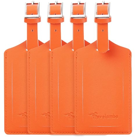 Travelambo 4 Pack Leather Luggage Tags for Suitcases Travel Labels Orange