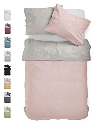 BLUE MOON Bettwäsche 155x220 cm Satin Bettwäsche-Sets 100% Baumwolle Wendebettwäsche - Made in EU - 1x Bettbezug 155x220 cm und 1x Kopfkissenbezug 80x80 cm (Silber/Rosé, 155 x 220 + 80 x 80 cm)