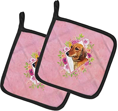 Caroline's Treasures Carolines Treasures CK4134PTHD, Motiv Dackel, Rot Nr. 1, Rosa, 2 Stück Topflappen, Stoff, Mehrfarbig, 7.5HX7.5W