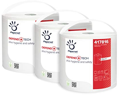 Papernet Defend Tech – Bobina industrial 417816, con fórmula antibacteriana, 3 rollos de papel de celulosa pura, 2 capas, 660 hojas por rollo de 23,4 x 24,2 cm