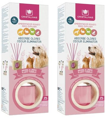 CRISTALINAS. Ambientador & Absorbe Olor Mikado para Mascotas. 0% Alcohol. Mas de 4 semanas de duración. Aroma Limpio. (2x30ml)