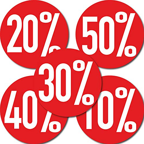 GreenIT Aufkleber 20cm rund Sticker Prozent Rabatt Sale Preis Aktion Ausverkauf Schaufensteraufkleber (5 Sticker 10 bis 50 Prozent)