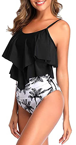 Genfien Maillot de Bain 2 Pièces pour Femme Haut à Volants | Short Taille Haute,Push Up,Bretelles Réglables,Bikini,Beachwear,Été