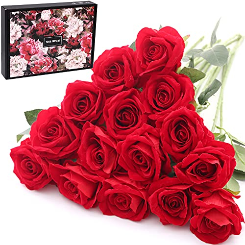 Cloudecor 15Pcs Fake Roses Velet Roses Long Stem Artificial Flowers Silk Flowers for Home Wedding Decoration (Round Roses,Red)