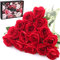 Cloudecor 15Pcs Fake Roses Velet Roses Long Stem Artificial Flowers Silk Flowers for Home Wedding Decoration (Round Roses，Red)