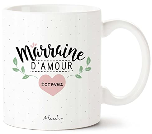 Manahia Mug Cadeau Marraine - Marraine d'amour forever - Avec Boite Kraft - Imprimé en France - 330 mL Céramique - Tasse Marraine - Annonce Naissance - Baptême - Demande Future Marraine