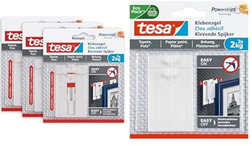 tesa 77777 Verstellbarer Klebenagel & Klebenagel für Tapeten und Putz/Selbstklebende Nägel für empfindliche Oberflächen/Leicht anzubringen und zu entfernen - rückstandslos / 2 x 2kg Halteleistung