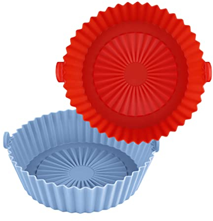 LUTER 2 Piezas Ollas de Silicona para Freidora de Aire, 14,5cm de Diámetro Redondas Revestimiento de Silicona para Freidora de Aire Accesorios para Freidora de Aire con 2 Colores (Rojo, Azul)