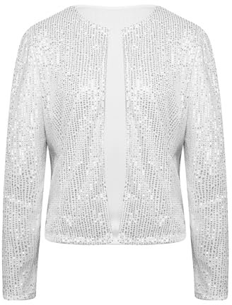 Jowowha Damen Bolero Jacke Pailletten Langarm Schulterjacke Mantel Festlich Cardigan Tops für Hochzeit Cocktail Partykleid Silber M