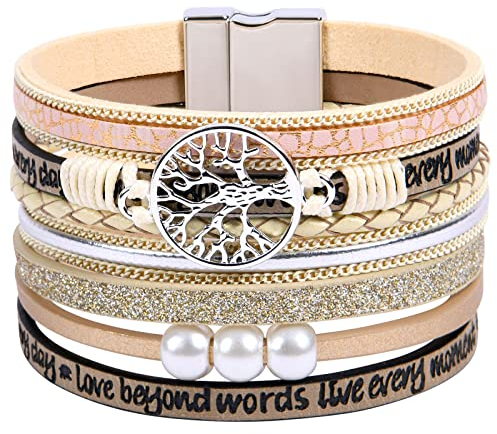 Aucuu Bracelet en Cuir pour Femmes, Bracelets en Cuir Inspirative pour Femme, Adolescentes Soleil inspirant Arbre de la Vie Bracelets, Multicouche Gravé Citations Inspirantes Bracelet Tressé Femmes