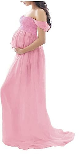 Tomwell Abito Fotografico Premaman Maxi Vestito Fotografico Eleganti Fuori Spalla Chiffon Gravidanti Abbigliamento Maternity Dress Gonna di Lunghezza del Pavimento A Rosa M