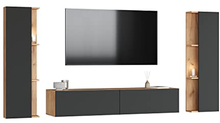 Planetmöbel TV Wohnwand Wohnzimmer 160 cm Gold Eiche/Anthrazit, mit 2X 40cm Seitenschränken Gold Eiche/Anthrazit