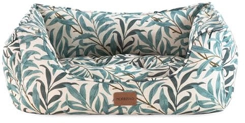Rosewood x Morris & Co. Willow Boughs Box Bed for Dogs, Large Dog Bed, Ivory/Green, Padded Sides, Non-Slip Base, Washable, Luxury William Morris Print