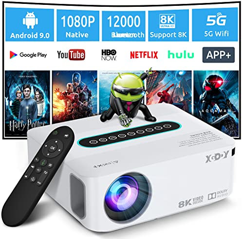 Xgody 4K Supported Projector w/ 5G WiFi Bluetooth，XGODY X1 Android TV Portable Smart Projector Native 1080P，12000 Lumens4D Correction Zoom Function Home Movie HD Video Projector Dolby Speaker w/ Apps