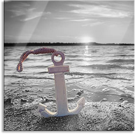 Pixxprint Glasbild, Wandbild auf Echtglas, Anker am Ostseestrand im Sonnenuntergang B&W Detail, 50x50 cm, inkl. Aufhängung und Abstandshalter