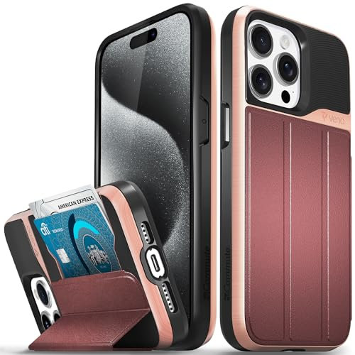 VENA vCommute for iPhone 15 Pro Max Wallet Case, [Military Grade Drop Protection] Flip Leather Cover Card Slot Holder with Kickstand - Red