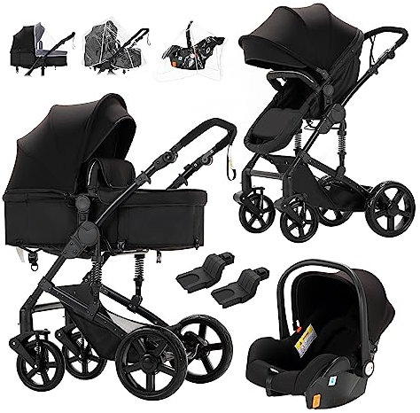 Prokoke Passeggino Trio, Trio Passeggino Neonati con Due Modi Reversibili per Spingere, Passeggino 3 in 1 con Una Lega di Alluminio a Cornice, Trio con Design Pieghevole in Un Clic (588 Black New)