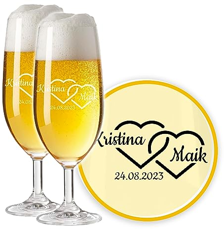 LALALO Leonardo Hochzeit Bierglas Geschenk-Set (2 St.) graviert, Biertulpe/Pilstulpe mit Gravur personalisiert als Hochzeitsgeschenk, Hochzeitstag, Standesamt (Herzverschmelzung)