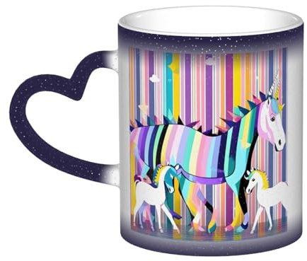 Licornes sur rayures colorées Tasse en céramique sensible à la chaleur Changement de couleur – Tasse magique ciel étoilé pour votre maison et votre cuisine