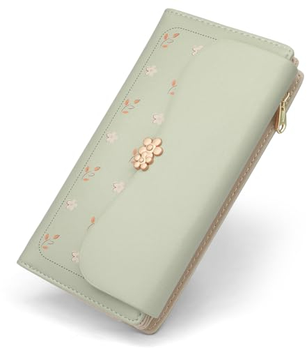 Portefeuille Femme en Cuir PU Porte Monnaie Femme Grande Capacité Porte Feuilles pour Femme Porte-chéquiers Porte-Cartes avec 10 Porte Carte, Porte-Feuille Femmes Zippé Pochette à Monnaie (L-Vert)