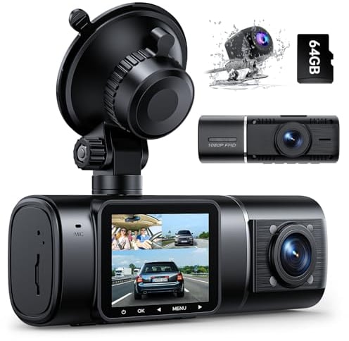 Volam Dashcam - Cámara de salpicadero para coche, parte delantera e interior, con batería, 3 canales, 1080P, cámara de salpicadero para coche, visión nocturna por infrarrojos, WDR, sensor G, cámara