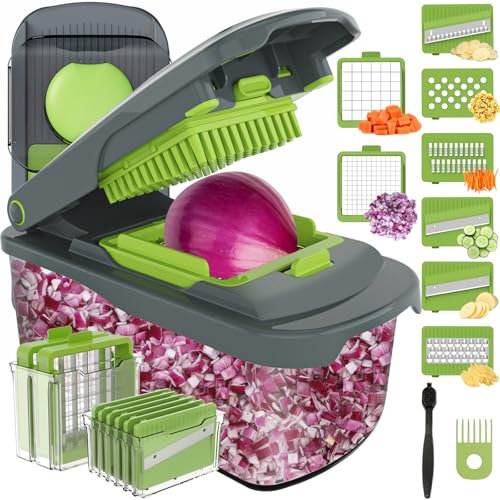 Ourokhome Vegetable Chopper Onion Chopper with Container, Multifunctional Food Chopper Veggie Dicer Mandolin Slicer with 8 Blades for Potato, Tomato, Carrot, Essential Kitchen Gadgets (8 in 1, Gray)