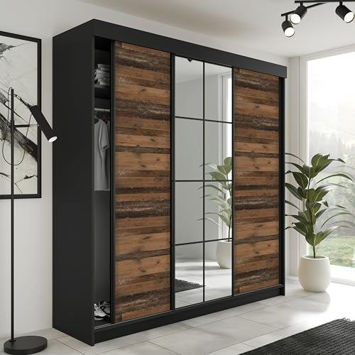 KIER FURNITURE Schiebegarderobe LAMARO mit Spiegel - Schrank Schlafzimmer – Schlafzimmerschrank – Wardrobe Bedroom – Kleiderschränke – Kleiderschrank - 250x205x59cm - Schwarz & Old Style
