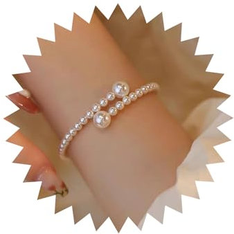 TseenYi Bracelet En Perles Pour Femmes - Bangle Ouvert, Manchette Vintage, Perles Blanches - Boucles D'oreilles Incluses