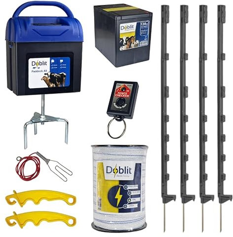 Doblit A9 Starter Kit 200m Electric Fence | Doblit A9 Paddock 0.25J Energiser w/ 9v 130Ah Battery, 20x 105cm Plastic Posts, 200m White Poly Tape Rolls & Accessories | Complete Kit