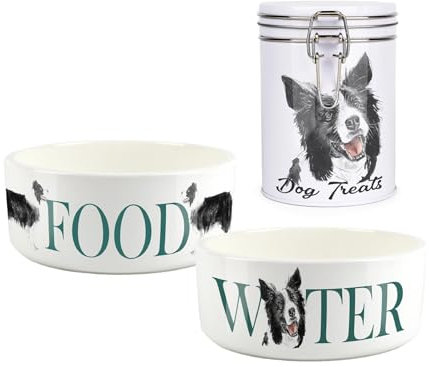 Border Collie Pet Bowls & Treats Canister Set - Painted Dog Portraits by Rhiannon Chauncey - Large White Ceramic Food & Water Dishes and Clip-Lid Tinplate Canister For Dogs (Set of 3)