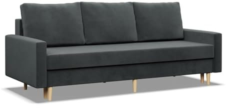 Mebligo - Sofa mit Schlaffunktion und Bettkasten Blank, 3 Sitzer Sofa 212 cm Breit, Schlafsofa, Ausziehbares Couch auf Holzfüßen,Schlafcouch - Dunkelgrau
