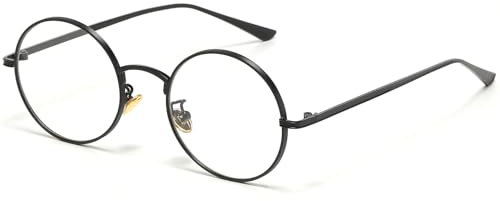 D Lolylad Runde Retro-Brille, klare Gläser, nicht verschreibungspflichtig, für Männer und Frauen, Metallrahmen, Schwarz