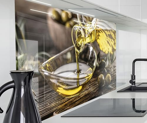 timalo Spritzschutz Wand für Herd, Küche Küchenrückwand Glasoptik | Acryl Glas 2mm | Glasrückwand Acrylglas Wandpaneele Rückwandschutz Platte | 140x50cm Olivenöl Oliven