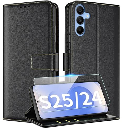 TQIAHF for Samsung Galaxy S25 5G / S24 5G Case Leather Wallet Phone Case Cover with Screen Protector Card Holder Magnetic Flip Case Shockproof Folio Folding Stand Slim Book Style Phone Cover,Black