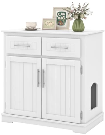 GOPLUS 3 en 1 Meuble Litière pour Chat, Maison de Toilette en Bois pour Chat avec 2 Tiroirs, Portes Doubles et Entrée Latérale pour Chaton d'Intérieur pour Salon, 80 x 45 x 80 cm, Blanc