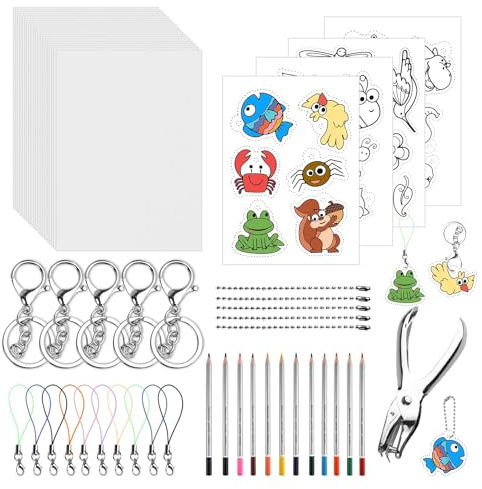 Hopton Schrumpffolie Set zum Basteln, 24 Blätter Shrink Plastic | mit Buntstifte, Schlüsselanhänger, Bleistifte, Kugelketten, Locher und Schlüsselring, für Kinder DIY Handwerk Deko