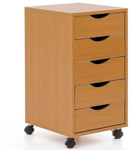 KADIMA DESIGN Rollcontainer WL5.924 33x64x38cm Buche MDF-Holz | Schreibtisch-Container Rollschrank 5 Schubladen | Moderner Schubladencontainer mit Rollen | Standcontainer