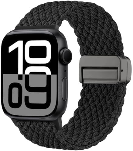 Maledan Braided Strap Compatible with Apple Watch 40mm 41mm 38mm 42mm - Series 10, Adjustable Nylon Stretchy Magnetic Sport Loop Band for iWatch Strap Series 10 9 8 7 6 5 4 3 2 1 SE Ultra, Black