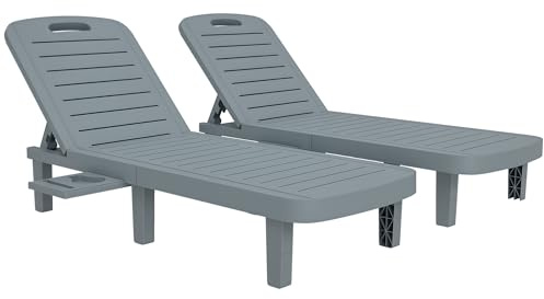 Outsunny Lot de 2 Bain de Soleil, Chaise Longue avec Plateaux rétractables, transat Jardin extérieur inclinable, Surface Effet Bois pour Plage Relax Camping Piscine terrasse, 62 x 158 x 88 cm, Gris