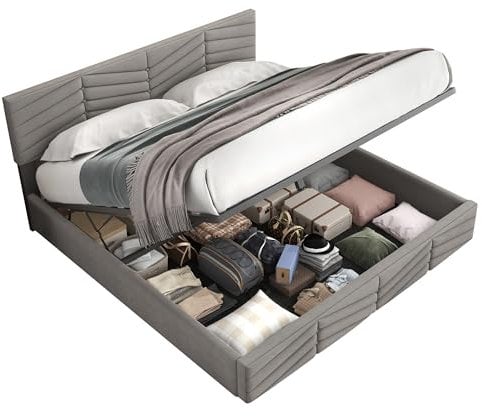 Zenithpath Bett 140x200cm, Boxspringbett Polsterbett aus Velvet Kopfteil Höhenverstellbar Hydraulisch Bett mit Stauraum, Doppelbett Bettgestell ohne Matratze