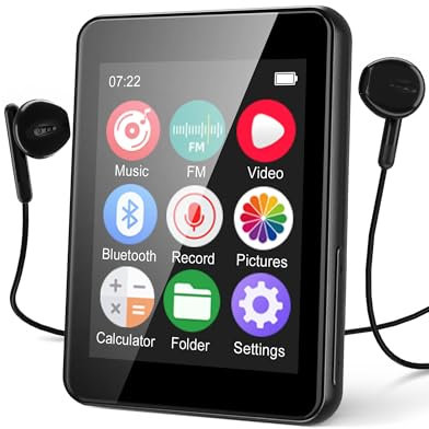 Lettore MP3 da 64 GB con Bluetooth 5.3, schermo touch completo da 2,4 pollici, lettore musicale portatile con altoparlante, radio FM, registratore vocale, libro elettronico, supporta espansione 256 GB
