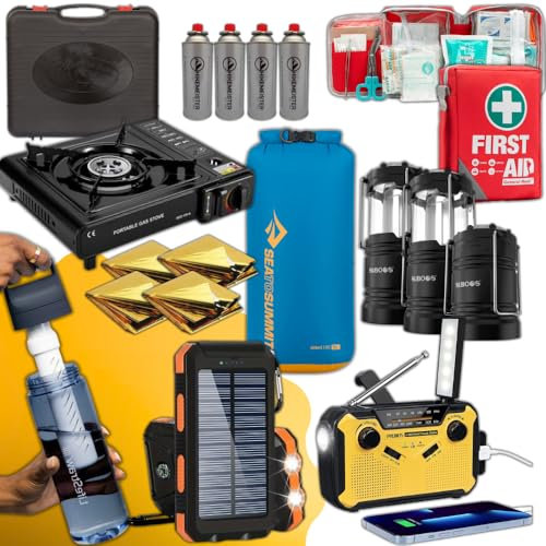 Suministros de preparación para desastres de 72 horas con filtro de agua, banco de energía solar, estufa portátil, radio de emergencia, linterna LED, kit de primeros auxilios y más