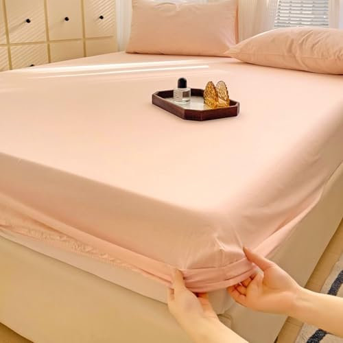 Aotiwe Bed Sheets Aesthetic, Kneer Spannbettlaken 200x220 Creme Rosa Einfarbig Gewaschene Baumwolle
