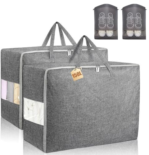 105L Duvet Storage Bags with Zips, 2 Pcs Thickened Extra Large Storage Bags, Moving Bag with Clear Window and 2 Shoe bags, Foldable Clothes Comforter Storage Bag for Bedding, Duvets, Quilt, Blankets