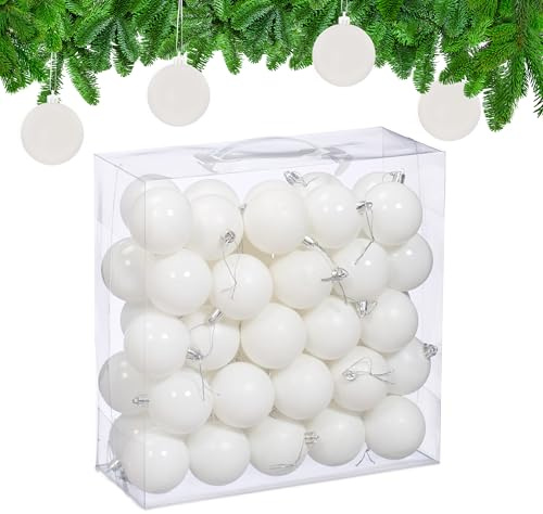 Relaxdays Weihnachtskugeln im 50er Set, Kunststoff, D: 6 cm, runde Weihnachtsbaumdeko, Baumschmuck bruchsicher, weiß