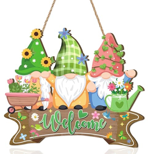 CHDITB Spring Welcome Sign Front Door,Garden Decoraions Spring,Colorful Flower Gnome Wood Door Hanger,Vintage Floral Welcome Wreath,Gnomes Decorations for Outdoor Front Door Porch Garden Gate Hanger