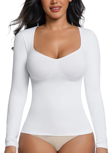 ONEW Tummy Control Shaping Top Women Long Sleeve Compression Shirt V-Neck Shapewear Underwear Body Shaper White S